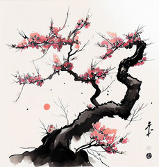 Sakura - Japanese Cherry Tree Blossom. Japanese Calligraphy, Ink Painting. Generative AI Digital Illustration