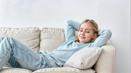 Obraz premium A young woman relaxing on a white couch in a casual blue outfit
