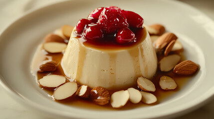 A front view of a serving of almond tofu, the silky dessert topped with a drizzle of sweet syrup and garnished with fruit slices