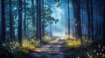 Fototapeta premium Moonlit Path Through Tall Trees in Enchanted Forest
