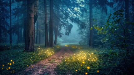 Obraz premium Enchanted Moonlit Pathway in a Tall Forest