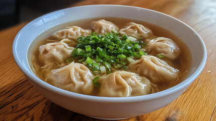 A front view of a bowl of wonton noodle soup, with plump wontons floating in clear broth, topped with chopped green onions
