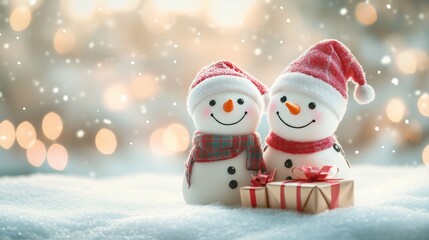 Fototapeta premium Two cute snowmen on the snow background
