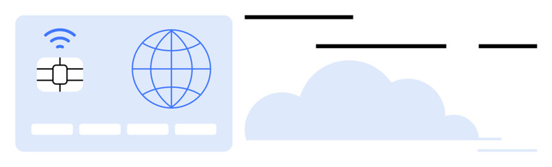 Digital identification card with a chip and a globe icon connected to cloud and network lines. Ideal for technology cloud computing internet digital security online connectivity data transfer