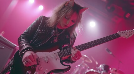 Obraz premium Female Rock Star Playing Electric Guitar on Stage with Pink Lighting