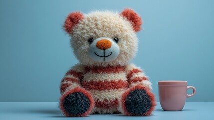 Plush bear toy with redandwhite stripes black paws and an orange snout sits on a lightblue surface against a skyblue background adding a cozy and friendly vibe
