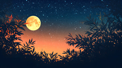 Naklejka premium Silhouette of leaves and starry night sky with full moon suitable for background