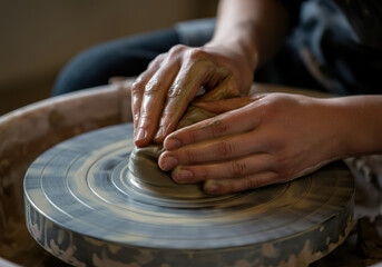 Crafting clay on a pottery wheel in a workshop during the afternoon, focusing on hand techniques and creative expression
