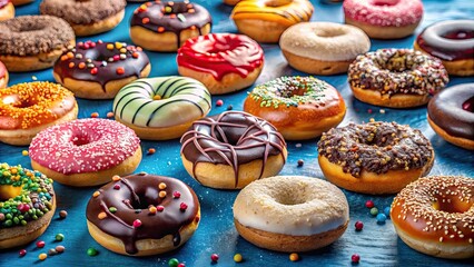 Top View of Assorted Donuts on a Blue Background - Colorful Treats for Dessert Lovers, Sweet Pastries, Gourmet Donuts, and Tasty Delights for Food Photography and Culinary Art