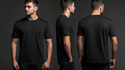 A man is standing and posing in a black t-shirt, showcasing different views of the garment.
