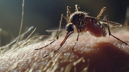 2410 44.Close-up of an Aedes mosquito landing on a human arm, its body and legs clearly visible as it begins to feed. The mosquitoâ€™s fine hairs and detailed wings are in focus, with the skin showing