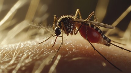 2410 44.Close-up of an Aedes mosquito landing on a human arm, its body and legs clearly visible as it begins to feed. The mosquito&acirc;&euro;&trade;s fine hairs and detailed wings are in focus, with the skin showing