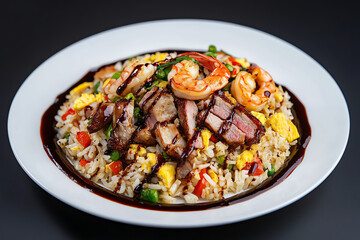 Fototapeta premium A front view of a plate of Yangzhou fried rice, with shrimp, BBQ pork, scrambled eggs, and mixed vegetables, served with a soy sauce drizzle