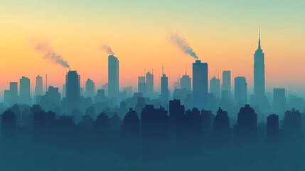 Fototapeta premium City skyline in a foggy sunset with smoke rising from buildings
