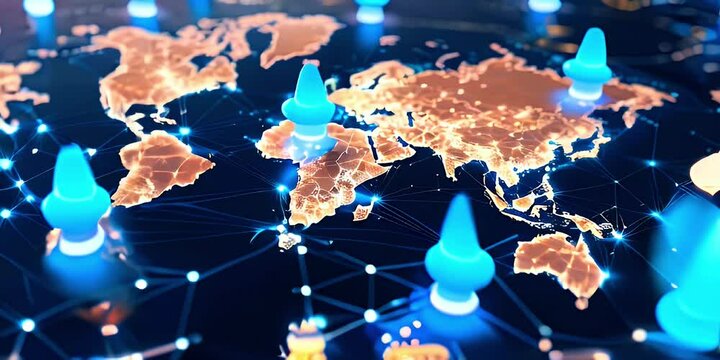 A close up of a glowing world map with blue light pinpoints around the globe.
