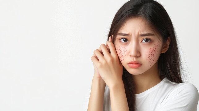 2410 5.Young Asian woman standing with her arm extended, showing allergic reactions from insect bites with large red spots on her skin. Her hand is mid-scratch, and the focus is on the uneven texture