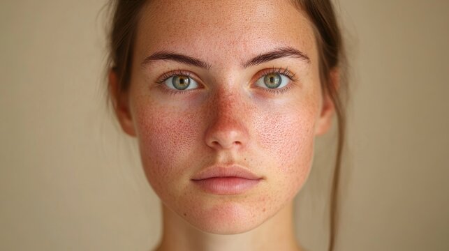 2410 11.Young Caucasian woman with severe rosacea on her cheeks, facing forward with a neutral expression, her skin red and inflamed. The image highlights the texture of the skin, with swollen areas