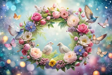 Beautiful Vintage Watercolor Spring Wreath with Doves, Butterflies, Flowers, and Feathers for Love and Nature Decor