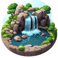 Forest Pond with Waterfall Illustration icon isolated background