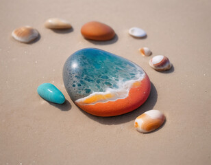Beautiful landscape photograph of a beach at sunset, covered in small pebbles and shells of various sizes and colours
