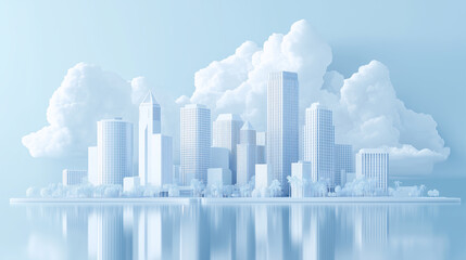 Fototapeta premium Futuristic city skyline with clouds reflecting on water