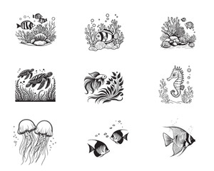 collection of Underwater Scene ClipArt Design - Sea life Vector illustration in black and white
