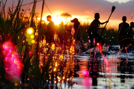 a jungle tribe going fishing in a swamp, nature, in search of their own food, people belonging to a tribe performing an initiation ritual, generative AI