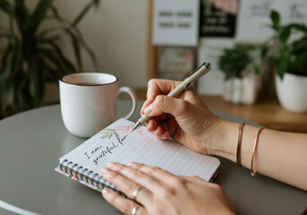 A person writes "I'm grateful for"  in a gratitude journal while enjoying a warm drink at a cozy workspace during a quiet afternoon