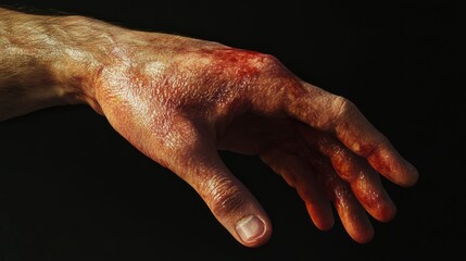 2410 39.A human hand with visible red rash patches, showing irritation and swelling. The person is scratching the affected area, focusing on the texture and inflamed skin caused by the allergic