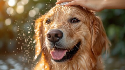 A golden retriever enjoys a refreshing bath in sunlight.