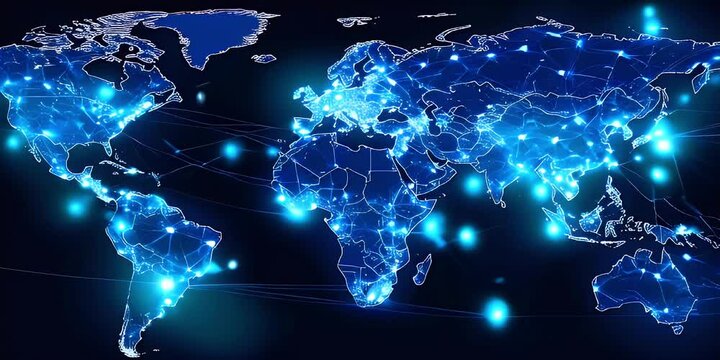 A digital world map with glowing blue lines and dots that show connections.