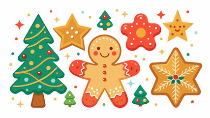 Fototapeta premium Christmas cookies shaped like stars, trees, and gingerbread men, decorated with icing and sprinkles. Gingerbread cookies set