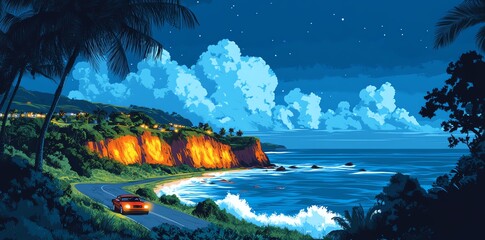 A red car drives along a winding coastal road at night, with a bright moon illuminating the scene.