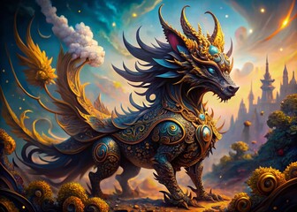 Black and Gold Fantasy Creature in Aerial Photography - Intricate Details and Vibrant Backdrop