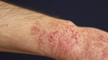2410 42.Focus on a red, irritated rash on the forearm, with the person's hand scratching the affected area. The image captures the swollen, bumpy texture of the dermatitis and the visible discomfort.