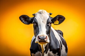 Black and White Cow Portrait on Yellow Background for Food Photography Banner