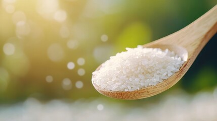 Wooden spoon scooping jasmine rice, light reflecting off textured grains, soft-focus background, scooping rice, wooden spoon, soft focus, culinary simplicity and texture