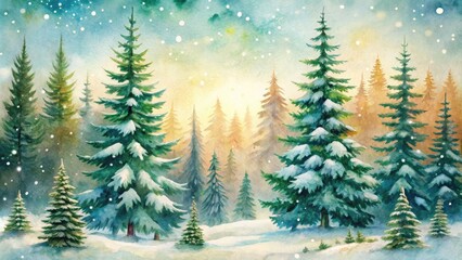 Fototapeta premium Vintage Watercolor Forest in Winter with Snow Hand-drawn Illustration on White Background, Ideal for Seasonal Decor, Art Prints, and Nature Inspired Designs