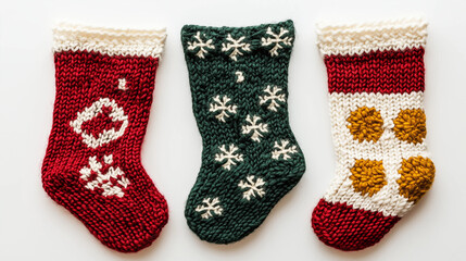 christmas sock with gifts, christmas socks on a white, knitted Christmas socks made from yarn, xmas gift