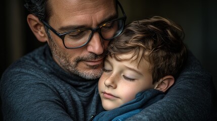 2410 114.Father and son, both wearing glasses, captured in a joyful moment of connection. The father holds his son tightly, the boy resting his head on his father&acirc;&euro;&trade;s chest. The image radiates love,