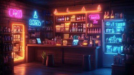 A retro-style convenience store with neon signs, a cash register, and shelves stocked with various goods.