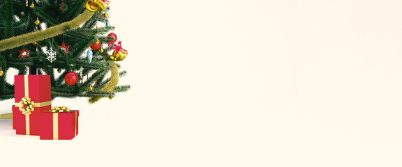 Christmas background with christmas tree, red gift boxes and copy space for banner design. 3d new year concept render illustration, banner or header.