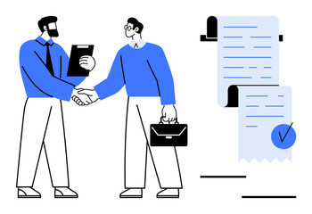 Two men shaking hands, one holding a briefcase and the other a clipboard. A large signed contract is visible. Ideal for business partnerships, agreements, professional deals, office relationships