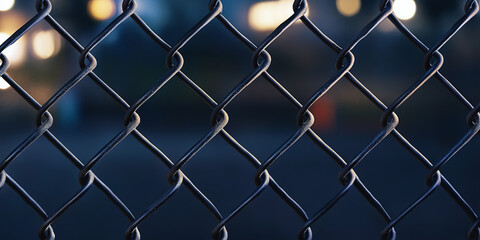 Fototapeta premium Simple chain-link fence at dusk in an industrial park, highlighting the security and utilitarian design of modern metal barriers with blurred lights in the background