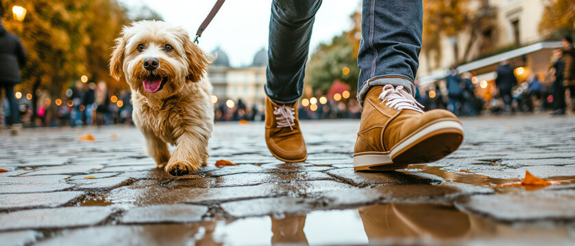 Small dog walking on a leash with owner on a wet cobblestone street, autumn setting, representing pet companionship, outdoor lifestyle, and daily dog care in a city environment