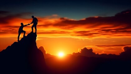 Silhouette at sunset of two people reaching the top of a mountain