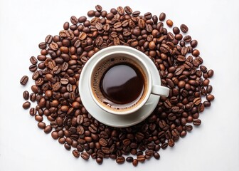 Naklejka premium Black Coffee in a Cup with Coffee Beans on White Background - Perfect Food Photography for Coffee Lovers