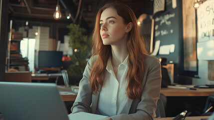 Obraz premium A professional woman sitting at a desk in an office setting, deep in thought.