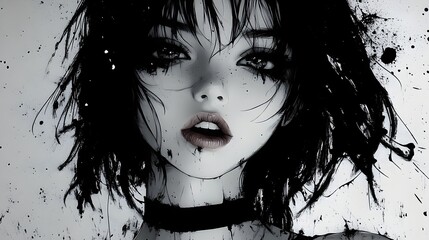 Fototapeta premium Rebellious Anime Girl in Grunge Monochrome Portrait with Splattered Ink Background