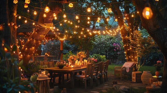 A romantic dinner table setting in a backyard with string lights, candles, and flowers.